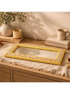 Mosaic Yellow Mirror Handcrafted Floral Tile Frame Shabby Chic Wall Decor VTG
